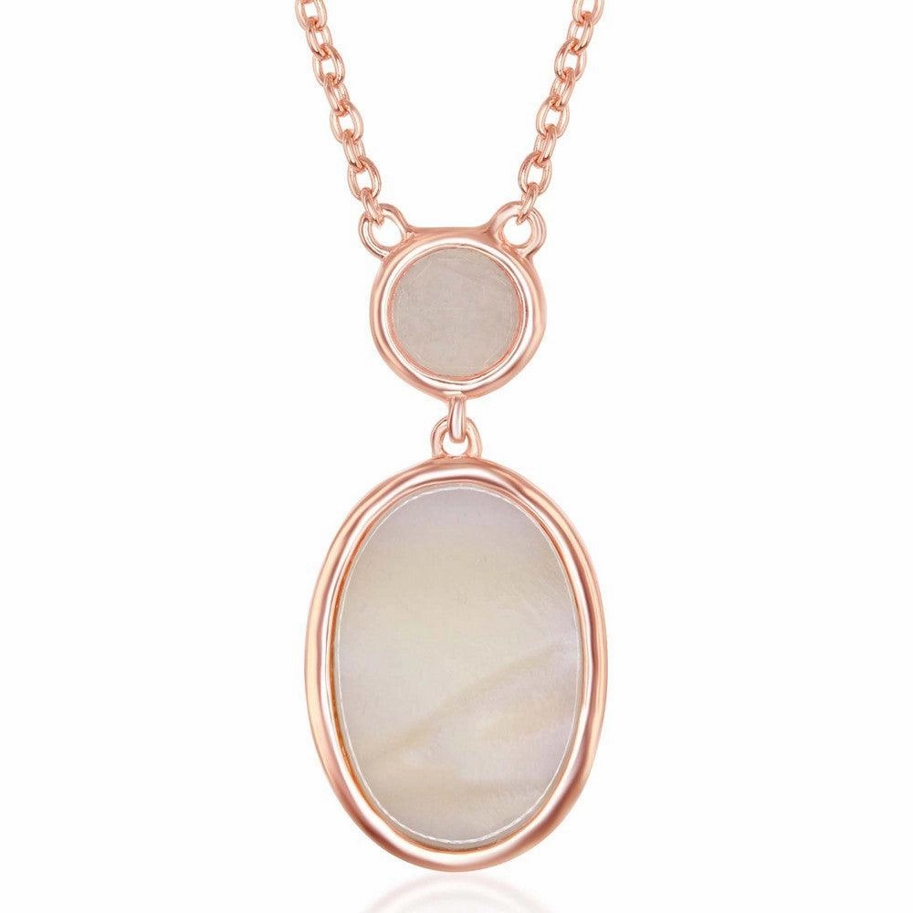 Sterling Silver Bezel-set Rose Quartz and Oval Pink MOP Necklace suit-set  
