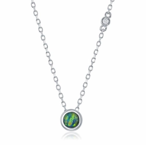 Sterling Silver Blue Inlay Opal with Single Bezel-Set CZ Necklace suit-set  