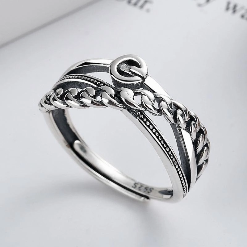 Sterling Silver Chain Stitching Cross Irregular Ring