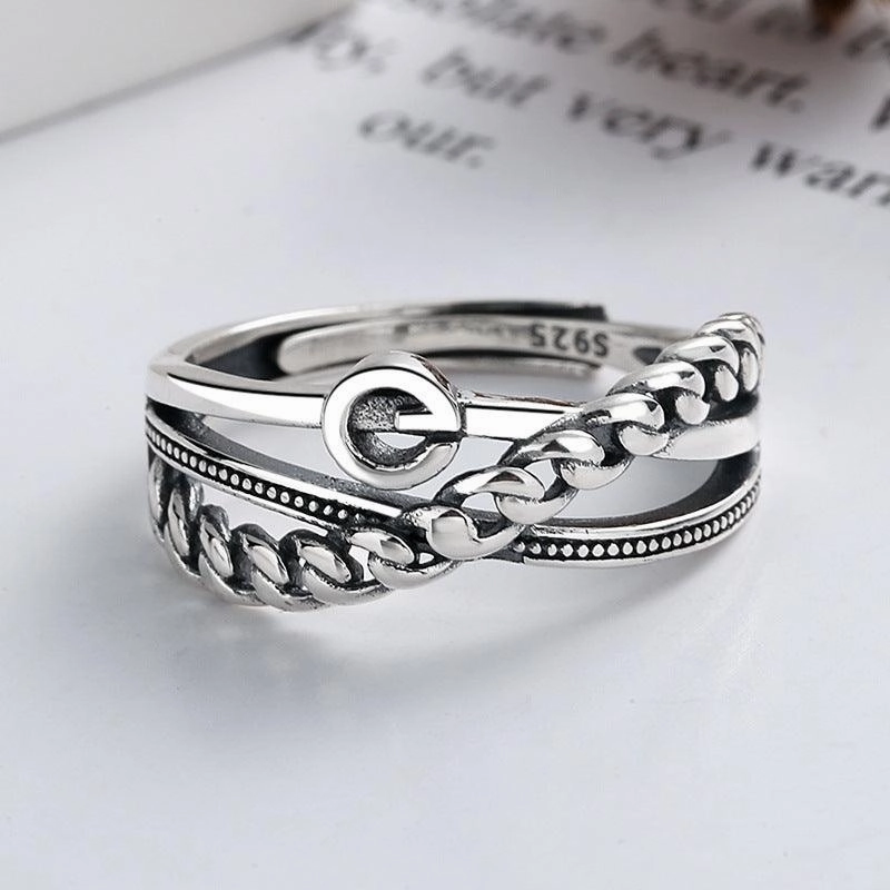 Sterling Silver Chain Stitching Cross Irregular Ring