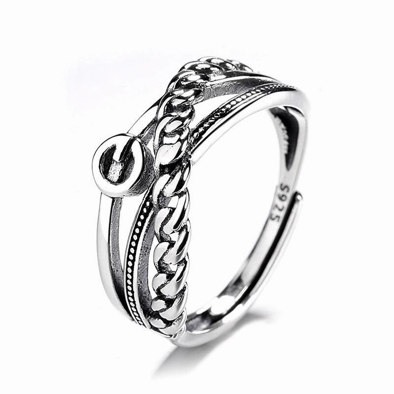 Sterling Silver Chain Stitching Cross Irregular Ring