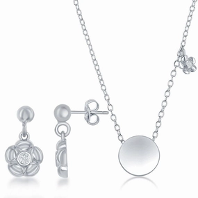 Sterling Silver Circle Necklace and Earrings Set suit-set  