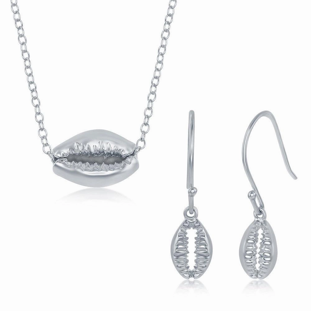 Sterling Silver Cowrie Shell Necklace and Earrings Set suit-set  