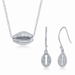Sterling Silver Cowrie Shell Necklace and Earrings Set suit-set  