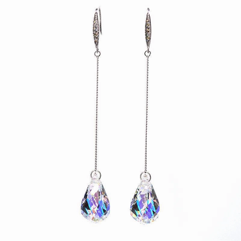 Sterling Silver Crystal Earrings Long Knob Drop