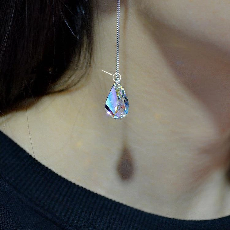 Sterling Silver Crystal Earrings Long Knob Drop