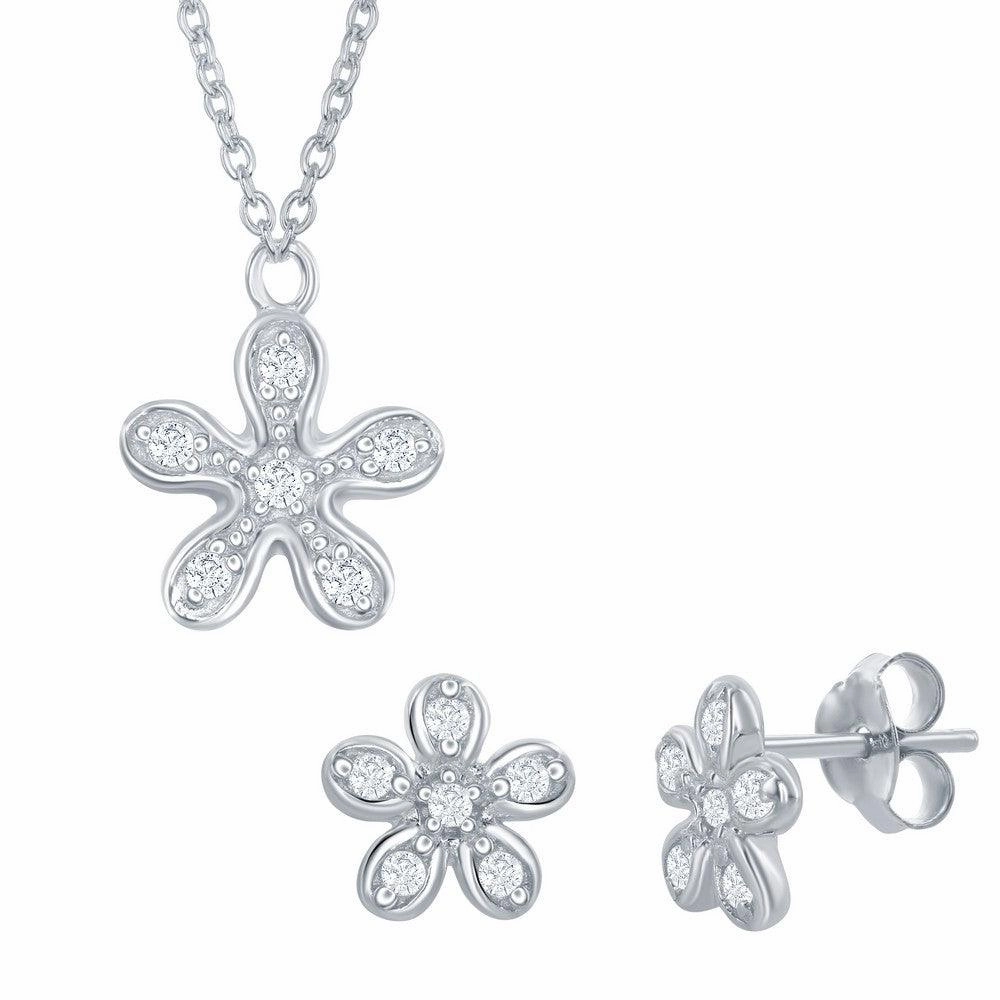 Sterling Silver Cubic Zirconia Flower Necklace and Earrings Set suit-set  