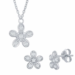 Sterling Silver Cubic Zirconia Flower Necklace and Earrings Set suit-set  