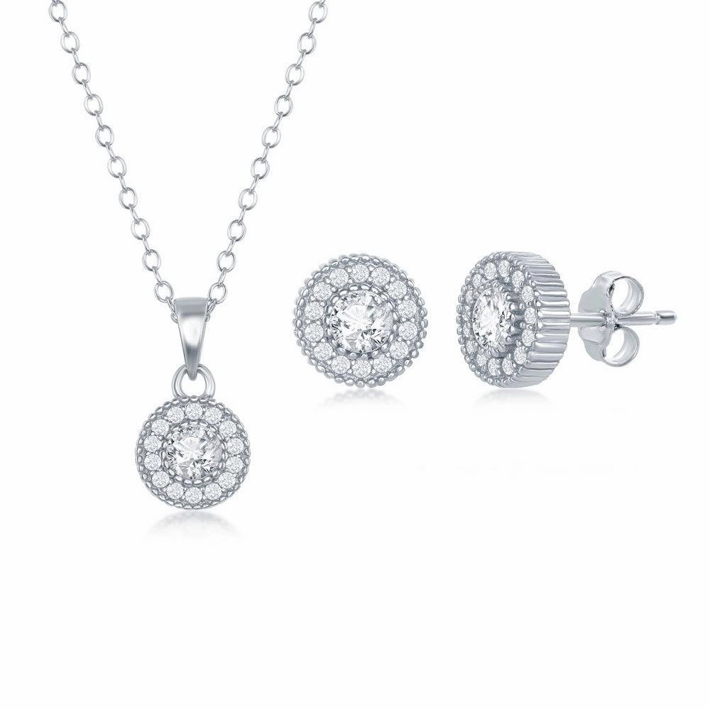 Sterling Silver Cubic Zirconia Halo Necklace and Earrings Set suit-set  