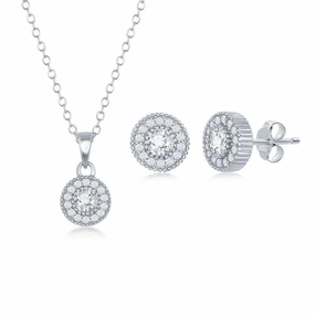 Sterling Silver Cubic Zirconia Halo Necklace and Earrings Set suit-set  