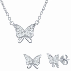 Sterling Silver CZ Butterfly Necklace and Earrings Set suit-set  