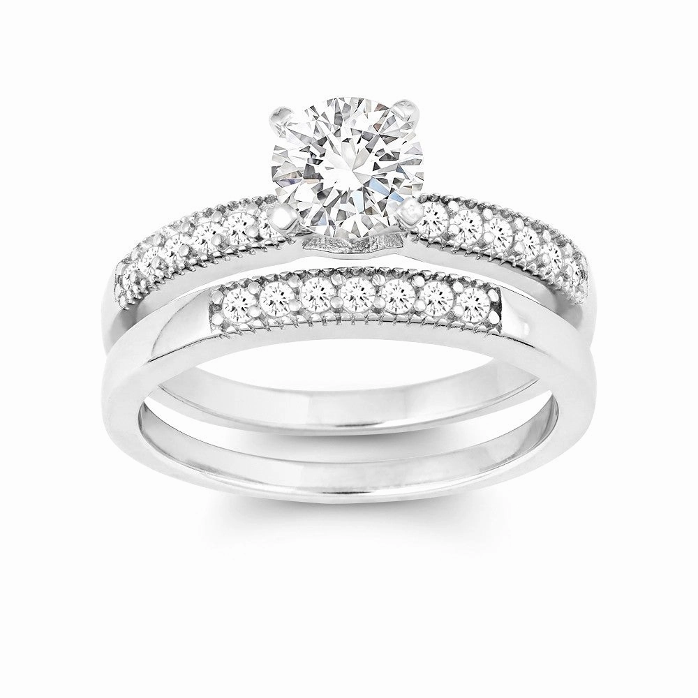 Sterling Silver CZ Engagement and Wedding Ring Set - W-9896 suit-set  