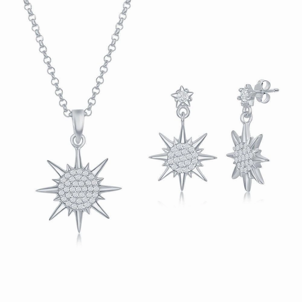 Sterling Silver CZ Sun Pendant & Earrings Set With Chain suit-set  