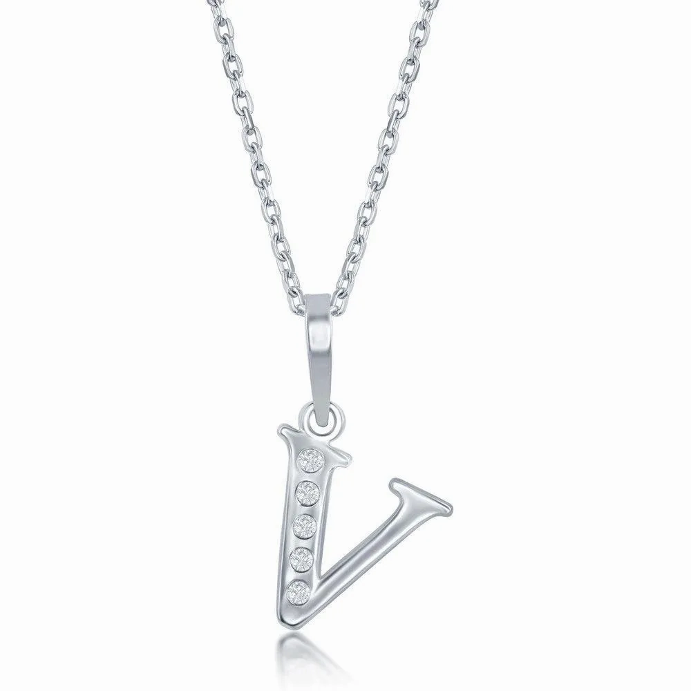 Sterling Silver Diamond &quot;V&quot; Initial Pendant Chain