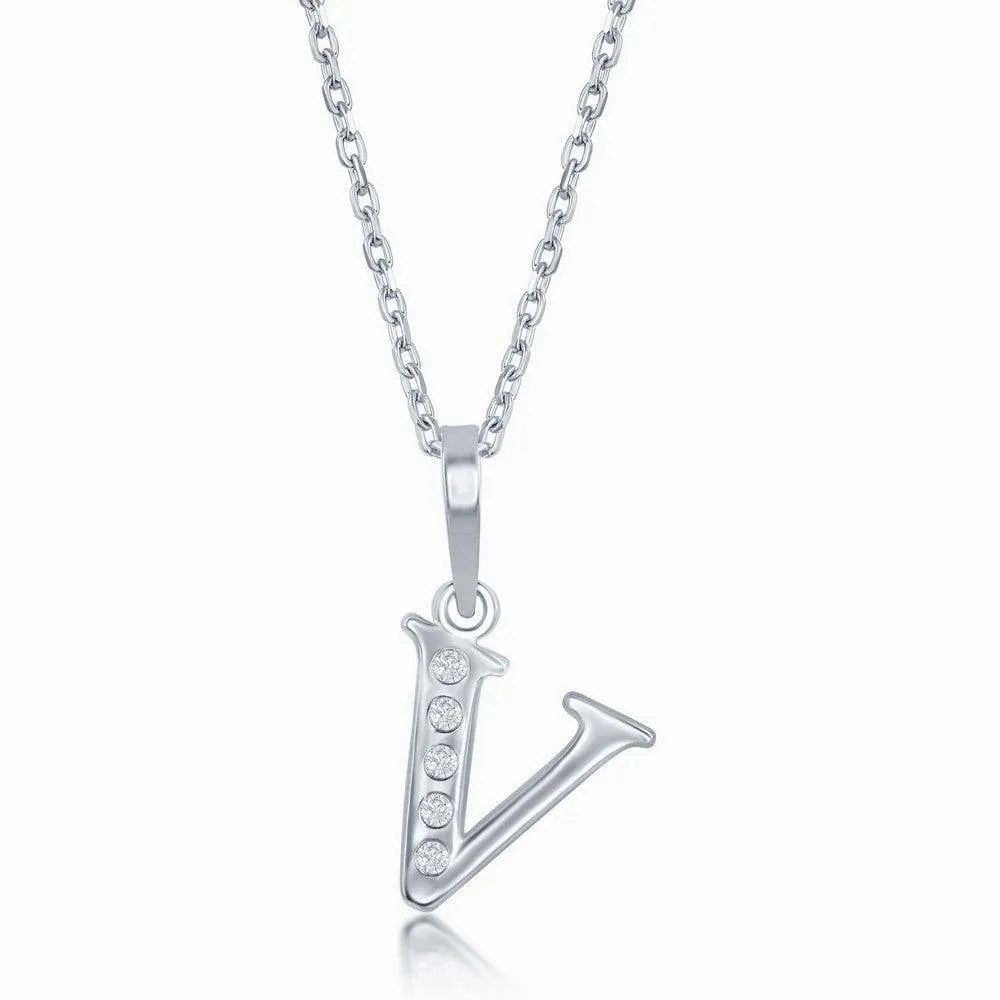 Sterling Silver Diamond &quot;V&quot; Initial Pendant Chain