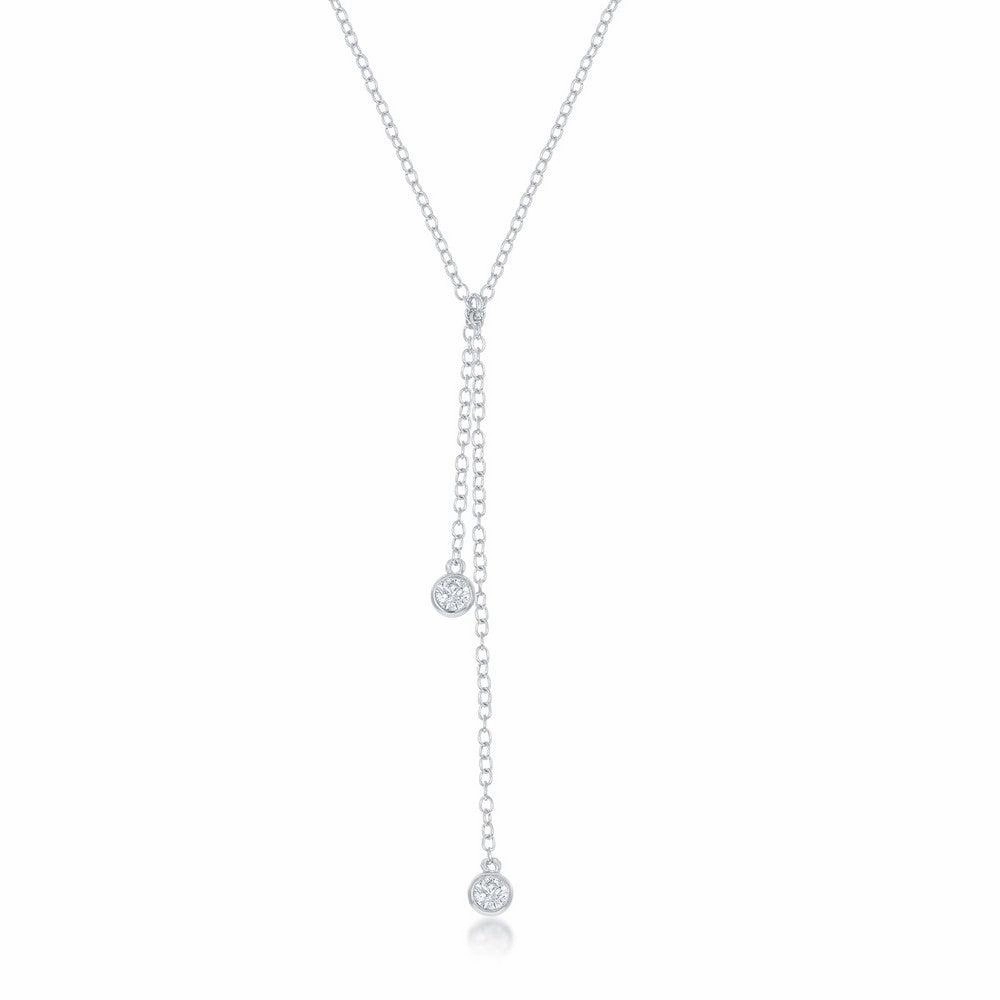 Sterling Silver Double Bezel-Set CZ Dangling Lariat Necklace suit-set  