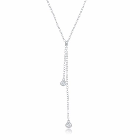 Sterling Silver Double Bezel-Set CZ Dangling Lariat Necklace suit-set  