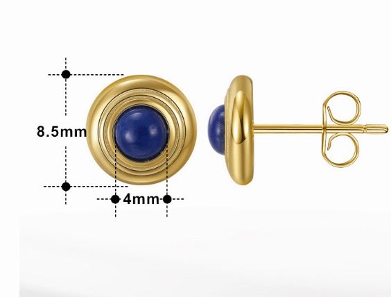 Sterling Silver Earrings Natural Lapis Lazarus 14K Gold Round Inlaid