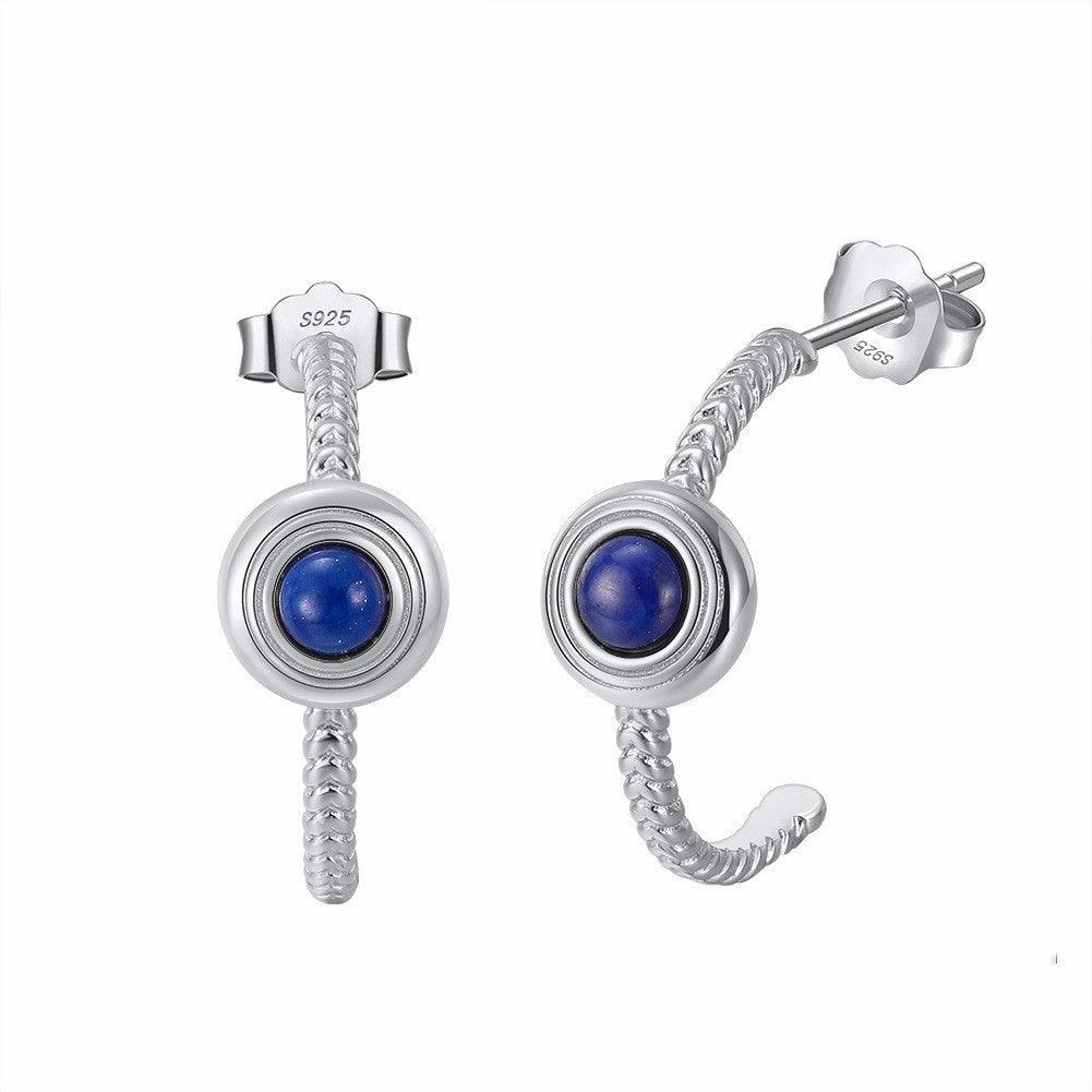 Sterling Silver Earrings Natural Lapis Lazarus 14K Gold Round Inlaid
