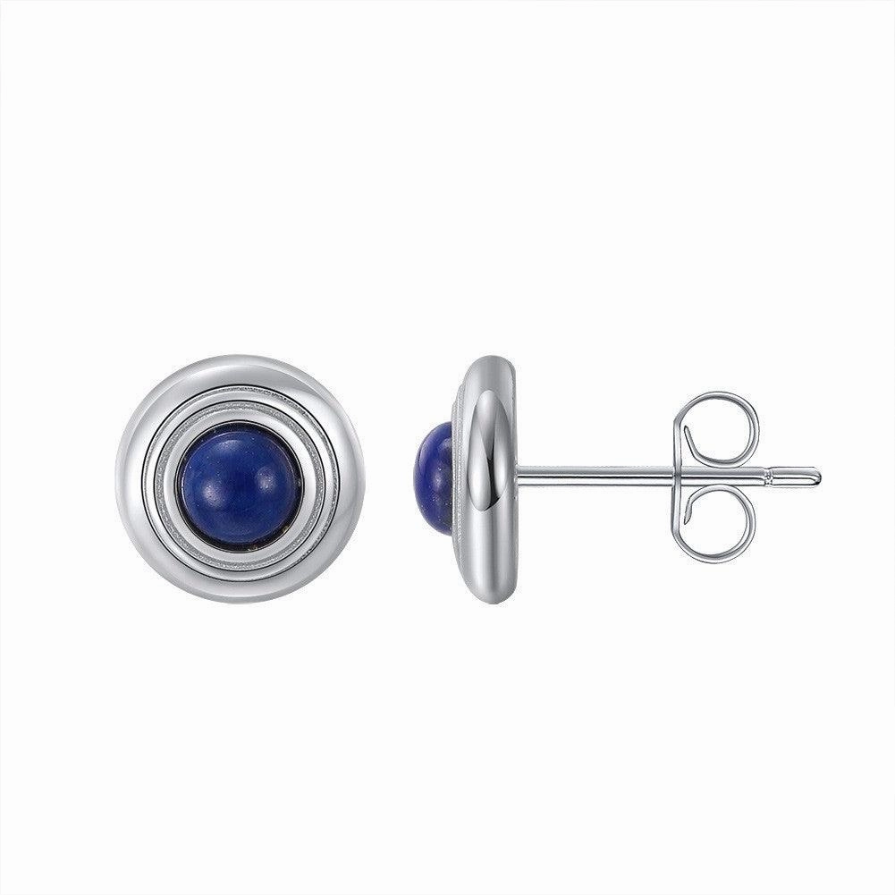 Sterling Silver Earrings Natural Lapis Lazarus 14K Gold Round Inlaid