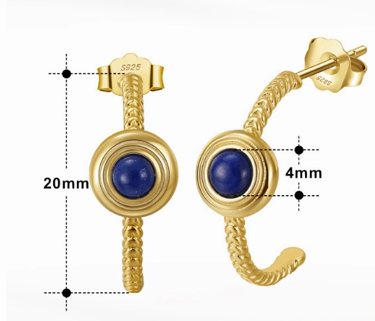 Sterling Silver Earrings Natural Lapis Lazarus 14K Gold Round Inlaid