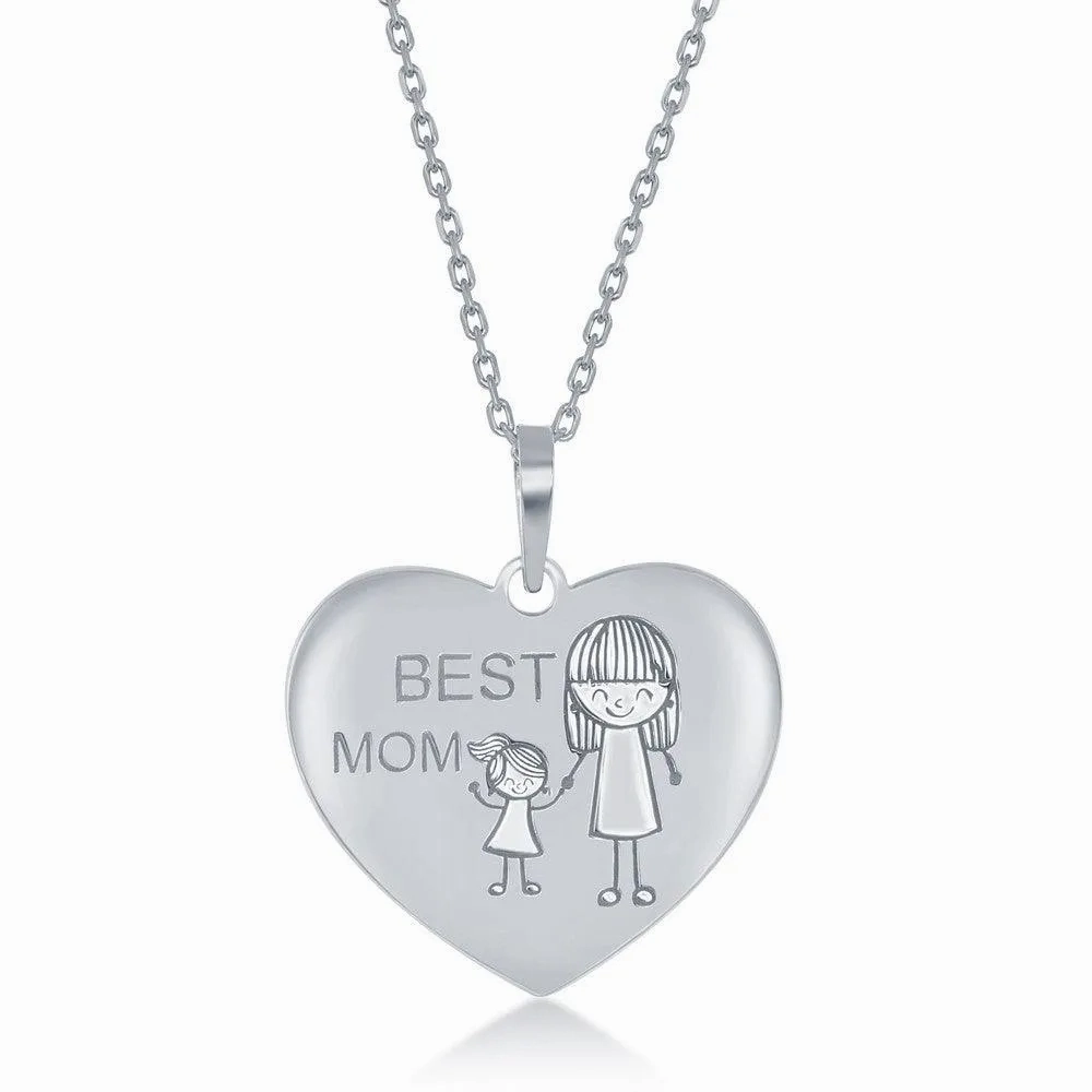 Sterling Silver Engraved Best Mom Mom and Daughter Heart Necklace