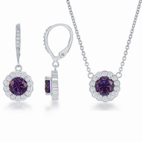 Sterling Silver February Birthstone With  CZ Border Round Earrings and Necklace Set suit-set  