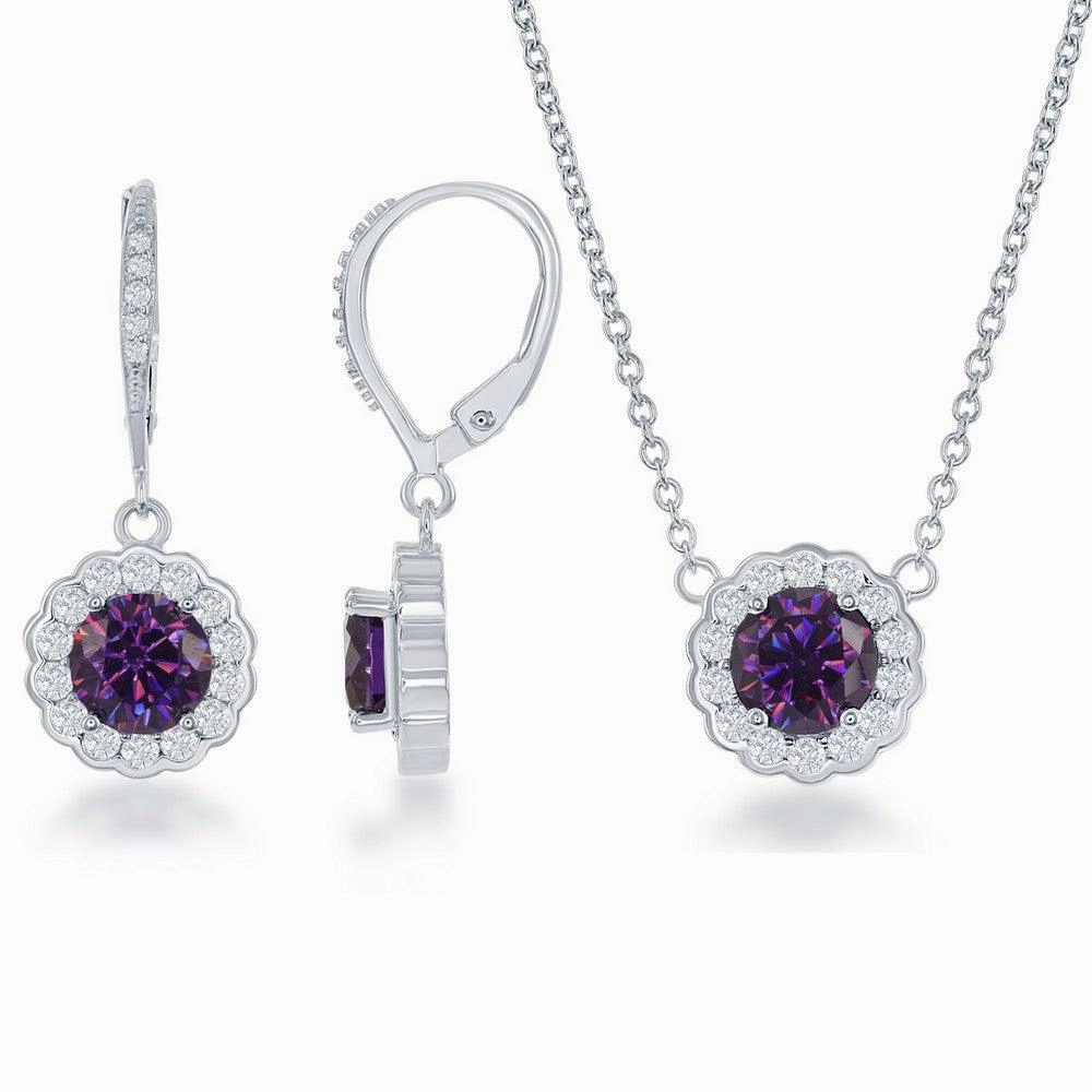 Sterling Silver February Birthstone With  CZ Border Round Earrings and Necklace Set suit-set  