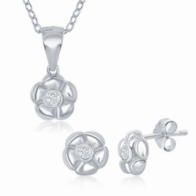 Sterling Silver Flower with Single CZ Necklace and Earrings Set suit-set  
