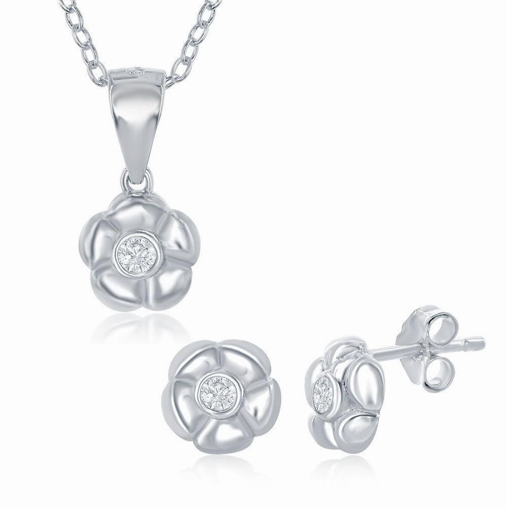 Sterling Silver Flower with Single CZ Necklace and Earrings Set suit-set  