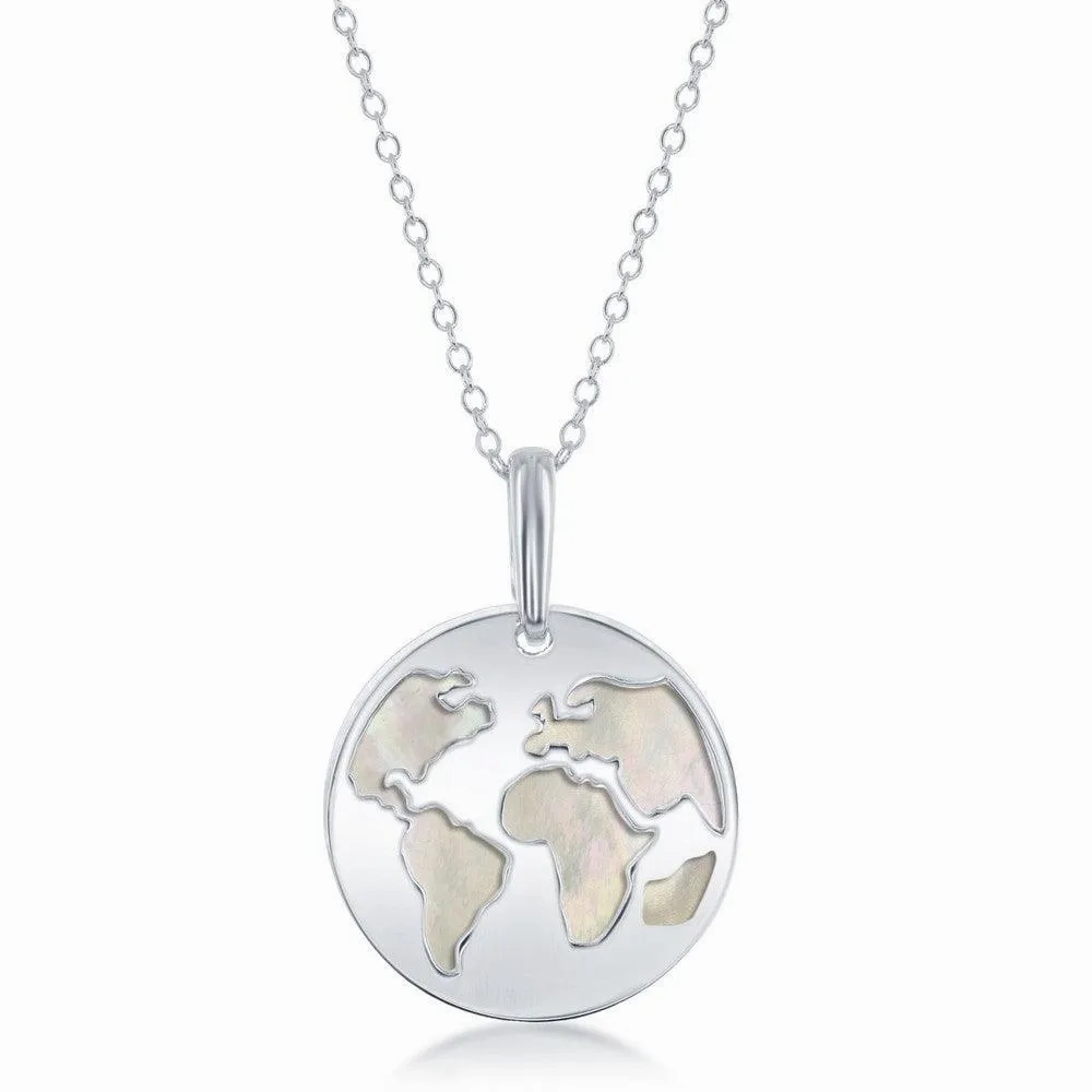 Sterling Silver Globe Cut-Out with MOP Disc Necklace