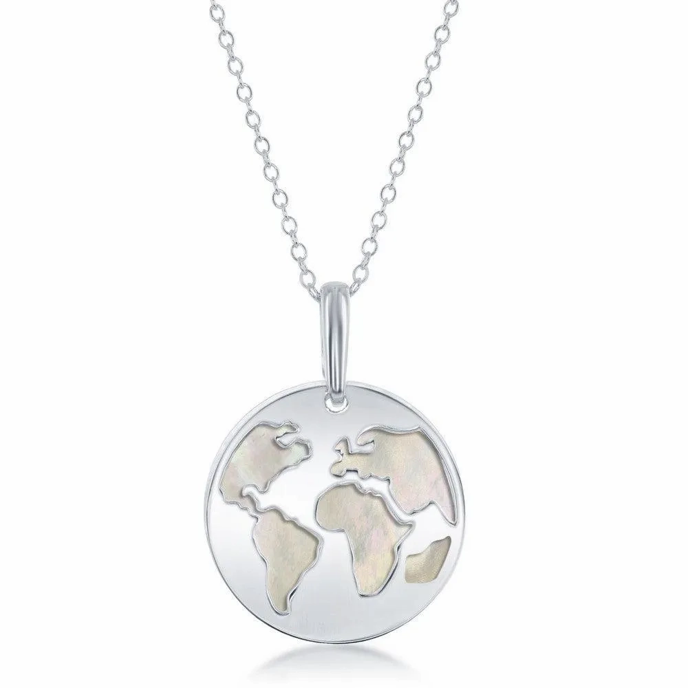 Sterling Silver Globe Cut-Out with MOP Disc Necklace