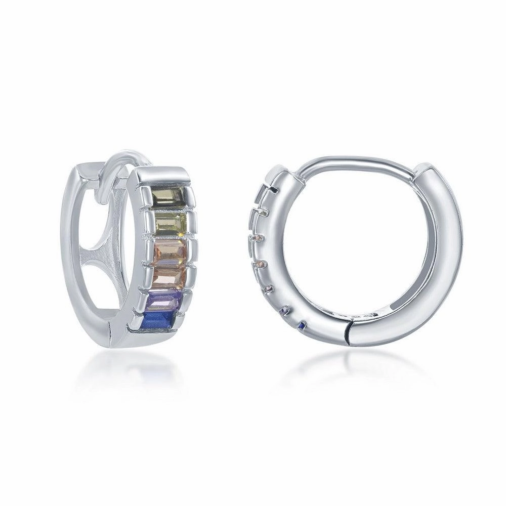 Sterling Silver  Half Center Channel Set Rainbow CZ Hoop Earrings suit-set  