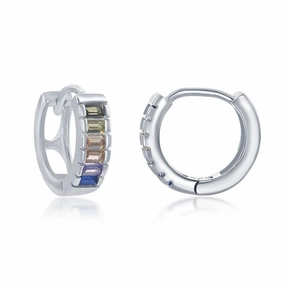 Sterling Silver  Half Center Channel Set Rainbow CZ Hoop Earrings suit-set  