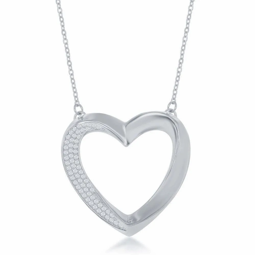 Sterling Silver Half Micro Pave Twisted Open Heart Necklace