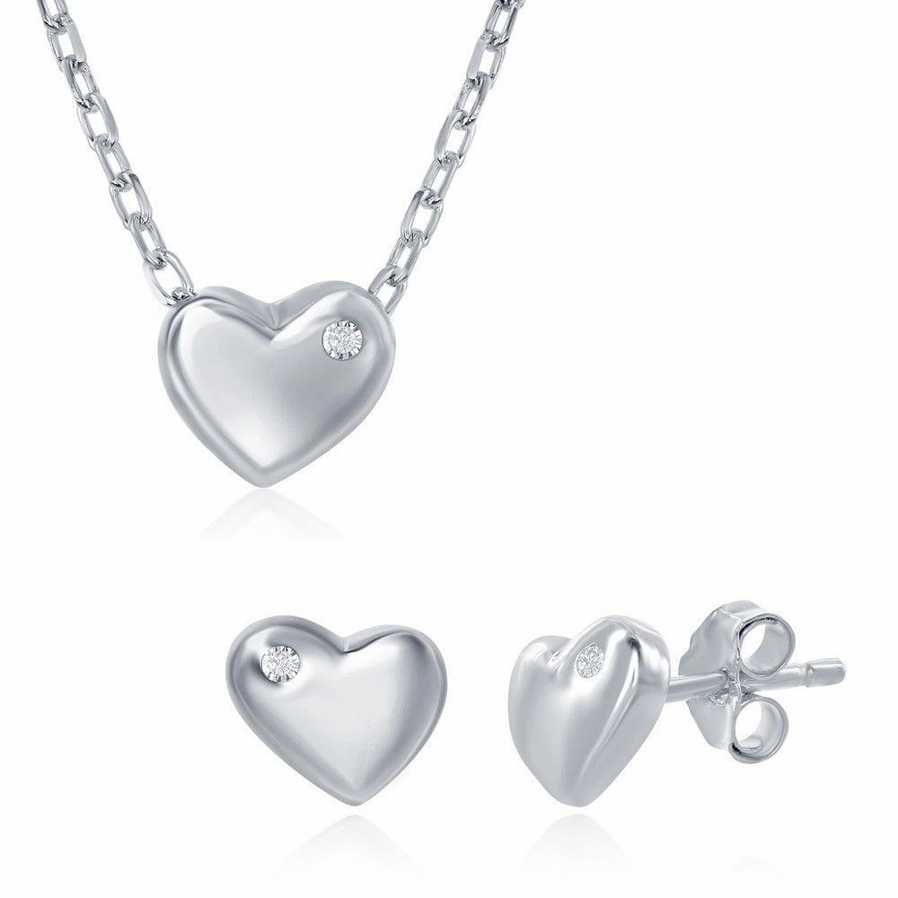 Sterling Silver Heart with Single CZ Necklace and Earrings Set suit-set  