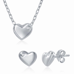 Sterling Silver Heart with Single CZ Necklace and Earrings Set suit-set  