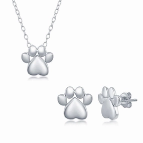 Sterling Silver High Polish Paw Print Necklace and Earrings Set suit-set  