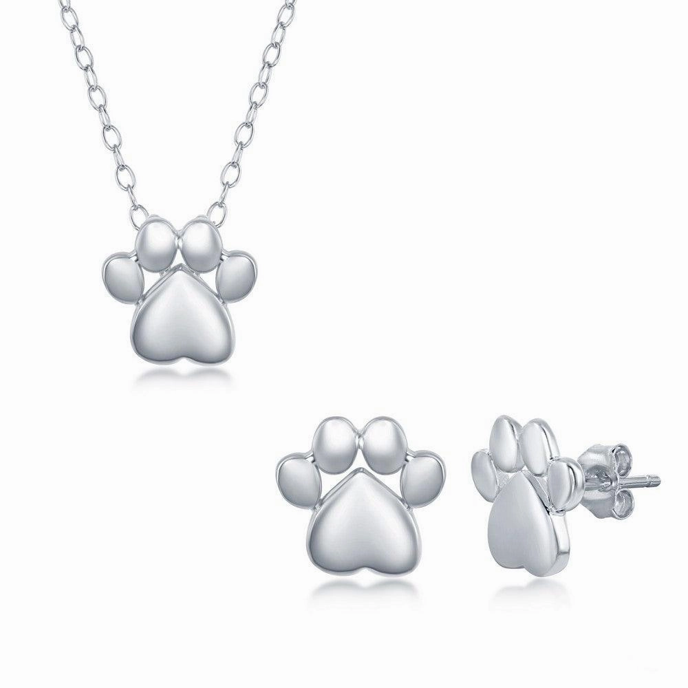Sterling Silver High Polish Paw Print Necklace and Earrings Set suit-set  