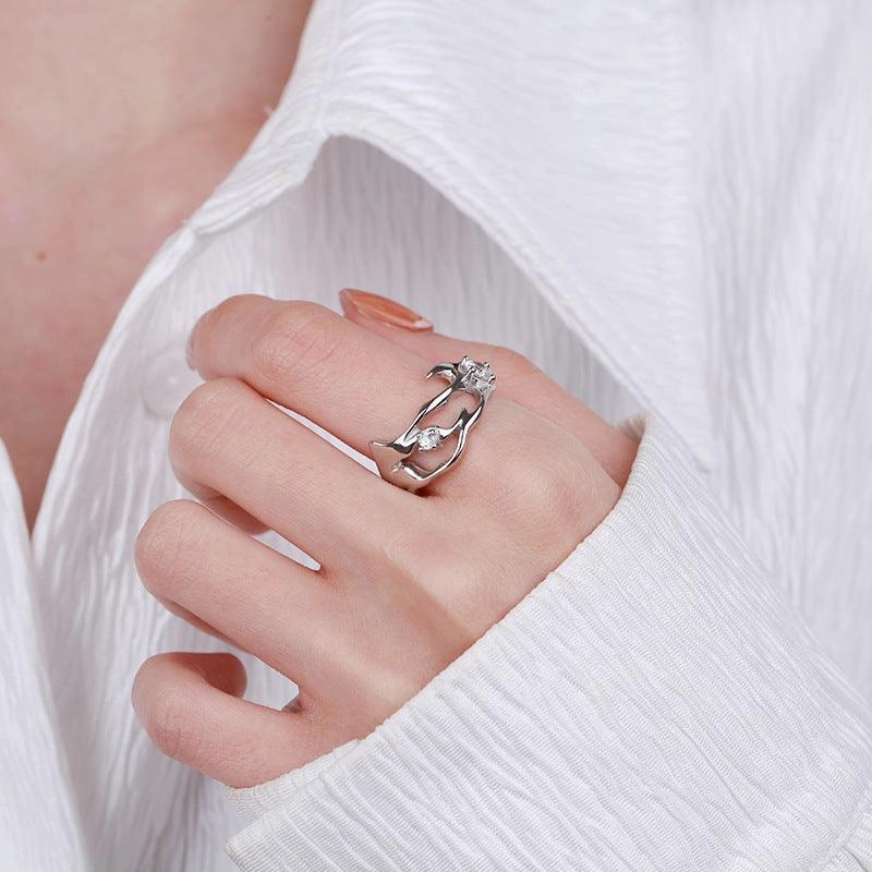 Sterling Silver Hollow Inlaid Zircon Irregular Ring
