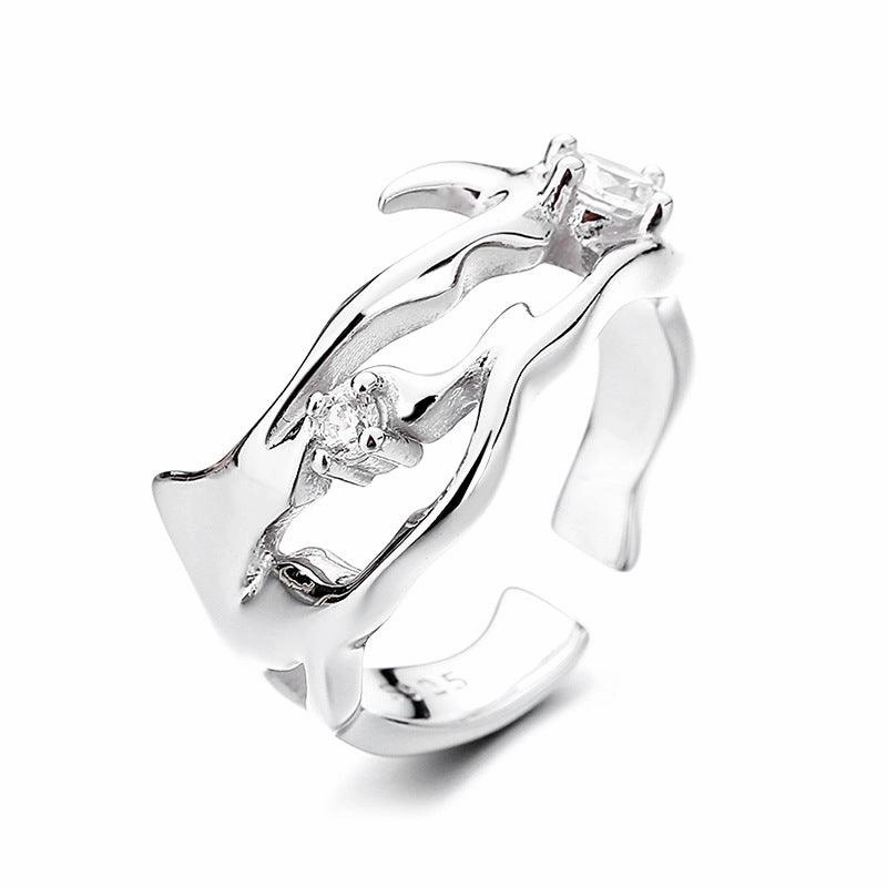 Sterling Silver Hollow Inlaid Zircon Irregular Ring