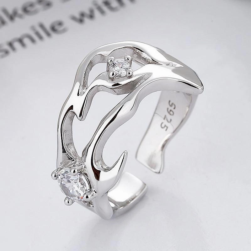 Sterling Silver Hollow Inlaid Zircon Irregular Ring