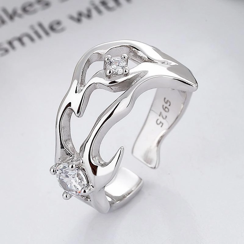 Sterling Silver Hollow Inlaid Zircon Irregular Ring