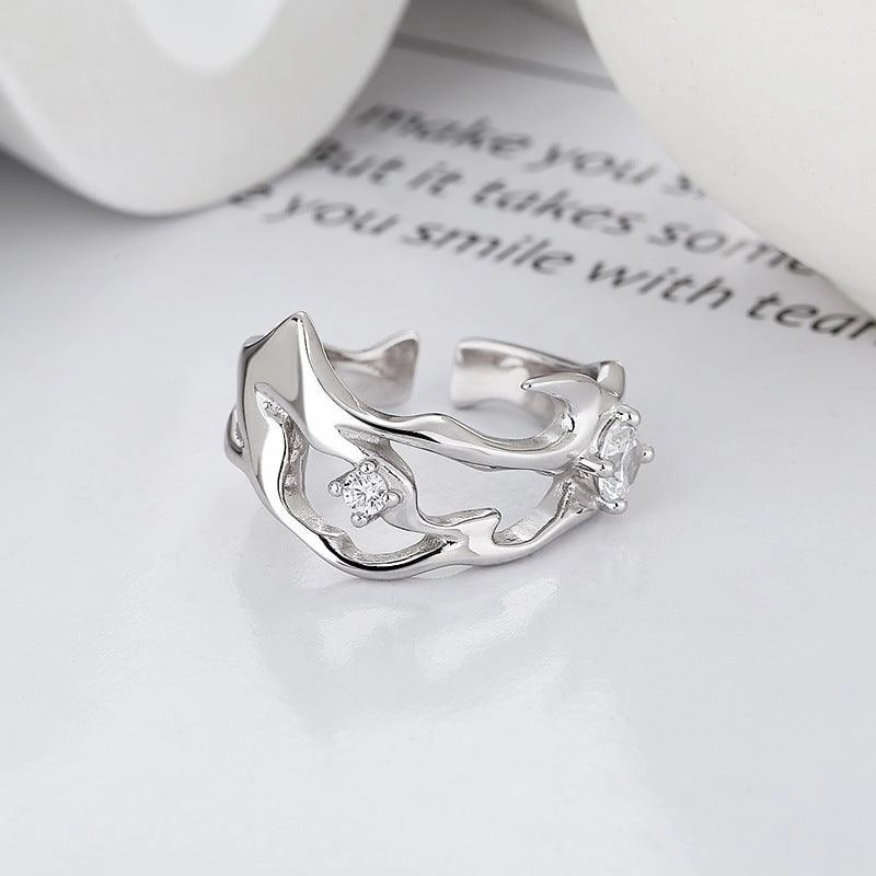 Sterling Silver Hollow Inlaid Zircon Irregular Ring