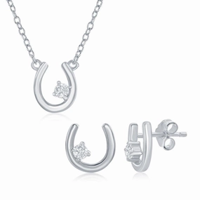 Sterling Silver Horseshoe with Single CZ Necklace & Earrings Set suit-set  