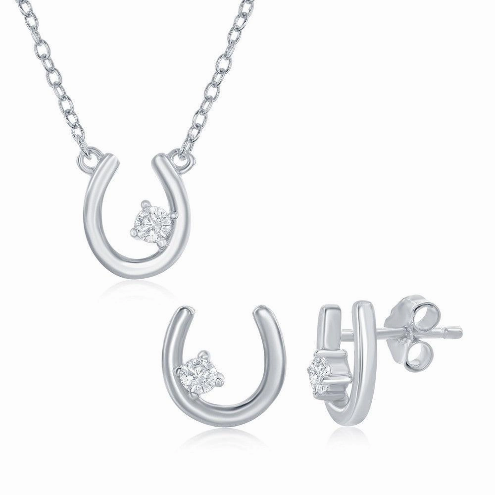 Sterling Silver Horseshoe with Single CZ Necklace & Earrings Set suit-set  