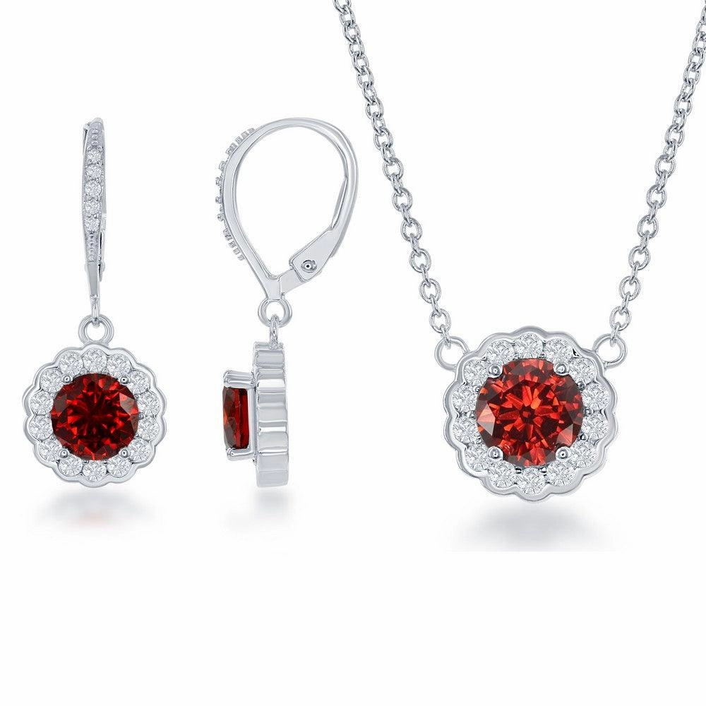 Sterling Silver January Birthstone With  CZ Border Round Earrings and Necklace Set suit-set  