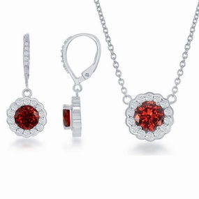 Sterling Silver January Birthstone With  CZ Border Round Earrings and Necklace Set suit-set  