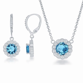 Sterling Silver March Birthstone CZ Necklace and Earrings Set suit-set  