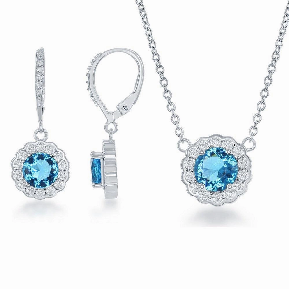 Sterling Silver March Birthstone CZ Necklace and Earrings Set suit-set  
